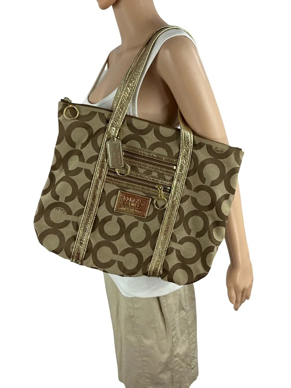 Coach Poppy Op Art Glam Tote Brown Gold Signature 13826